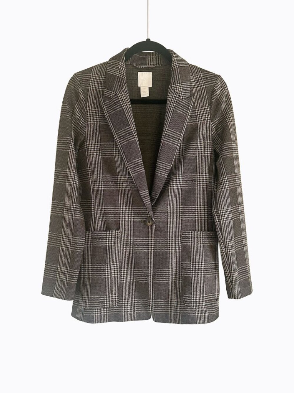 Brown Plaid Blazer Jacket 2 Windowpane Grid Check Patch Pocket Longline Preppy